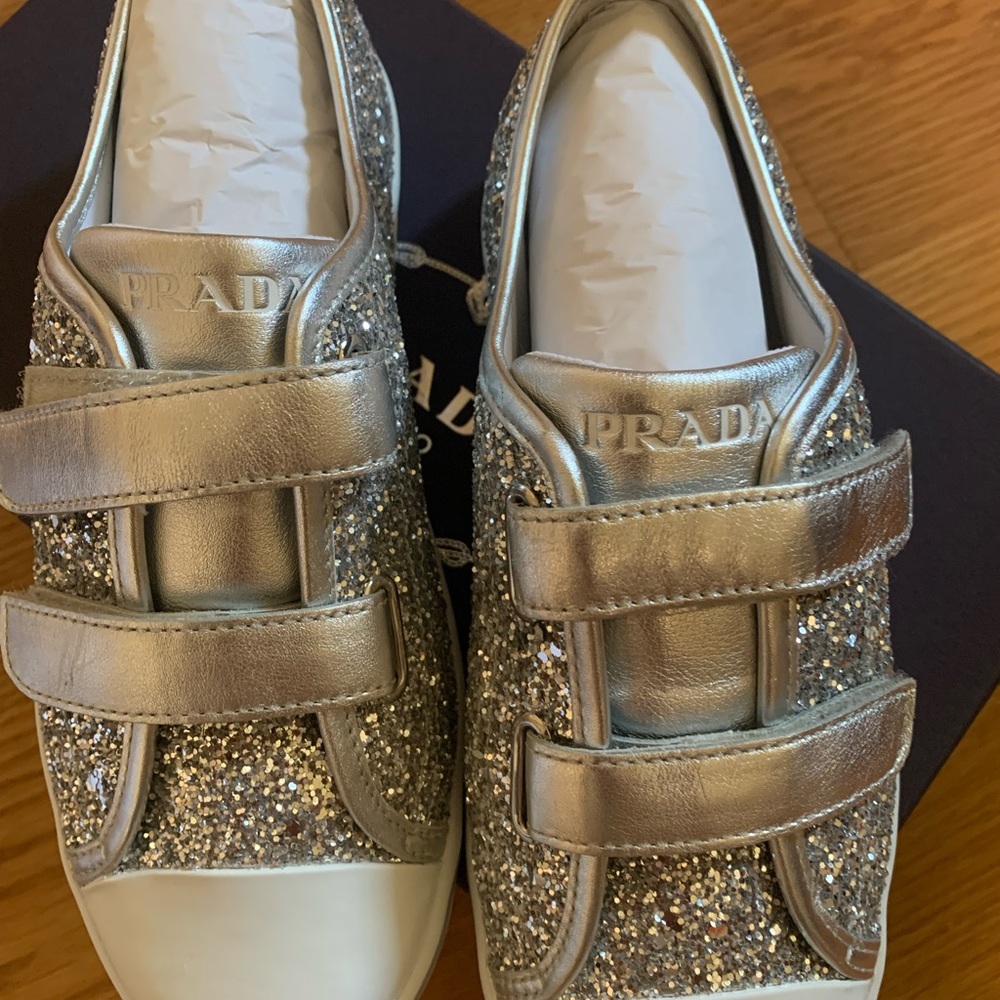 Prada silver Glitter Sneaker Silver Flat Sz 36 - Picture 3 of 5